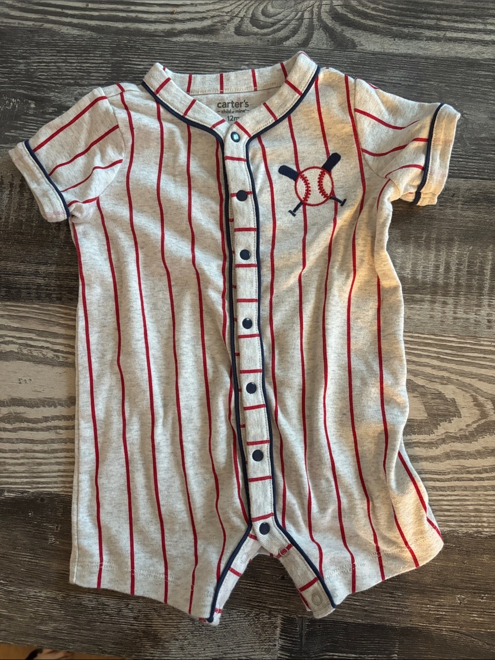 Carter's White Short-Sleeve Baseball Stripe One-Piece with Navy Trim romper